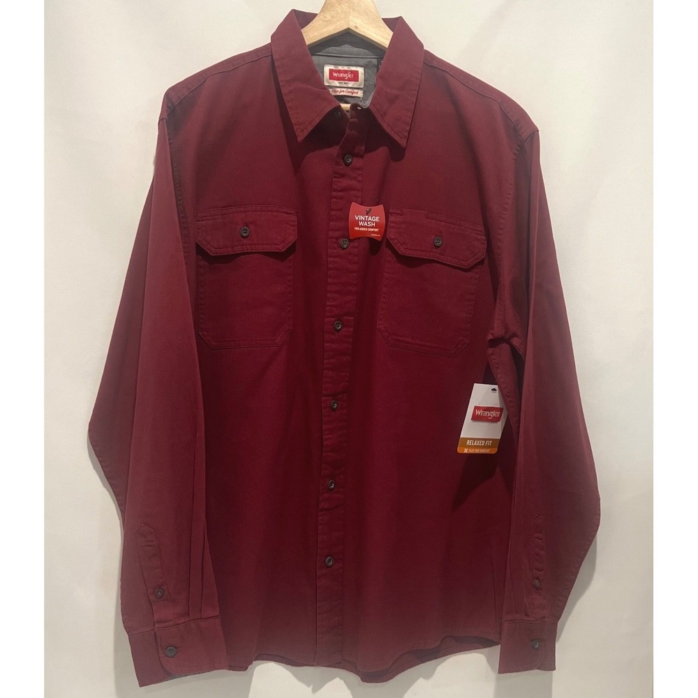Wrangler Button Down Shirt Burgundy Red Flex for Comfort Relaxed Fit Western L